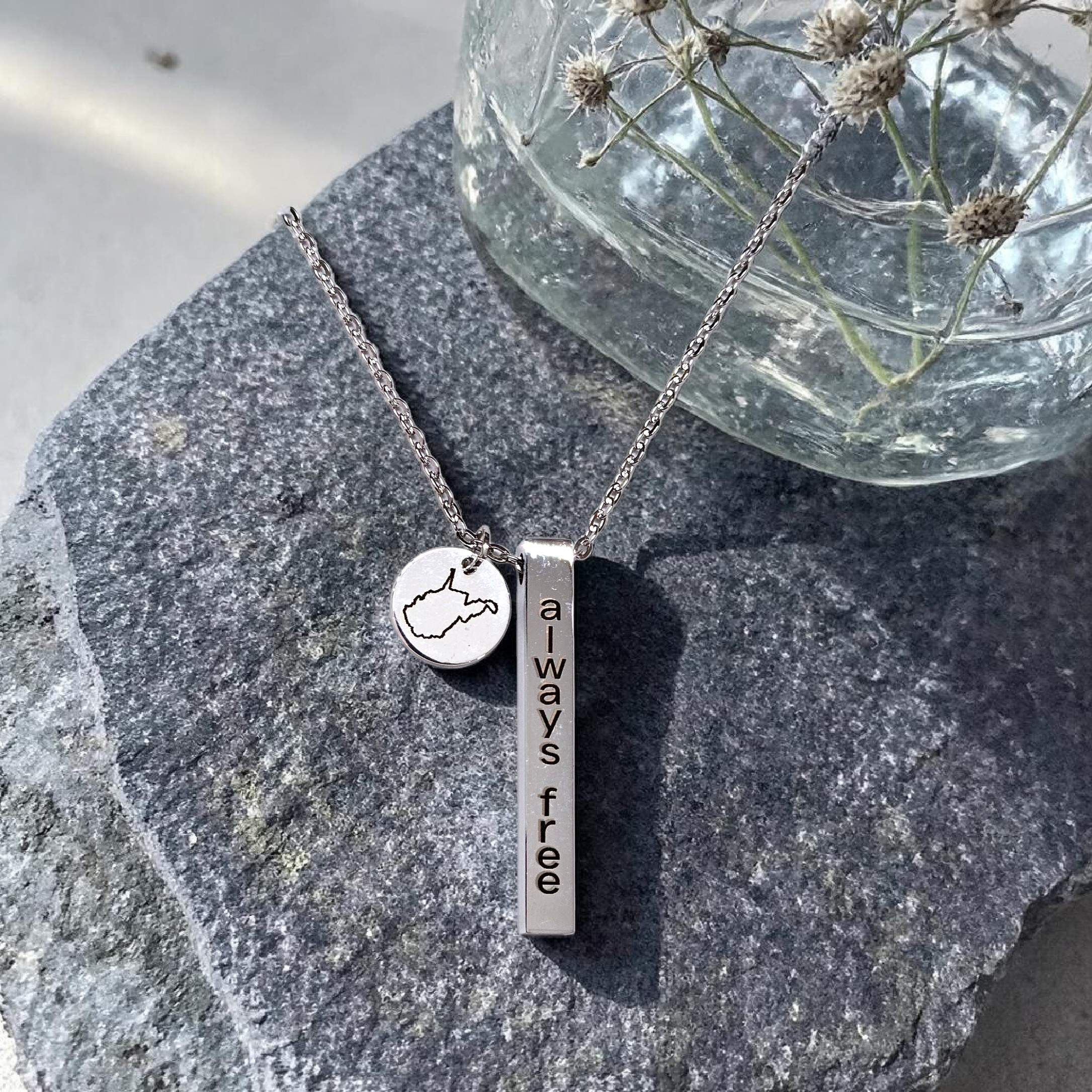 West Virginia “Always Free” Vertical Bar Necklace | Stainless Steel State Charm Necklace in Silver or 14k Gold