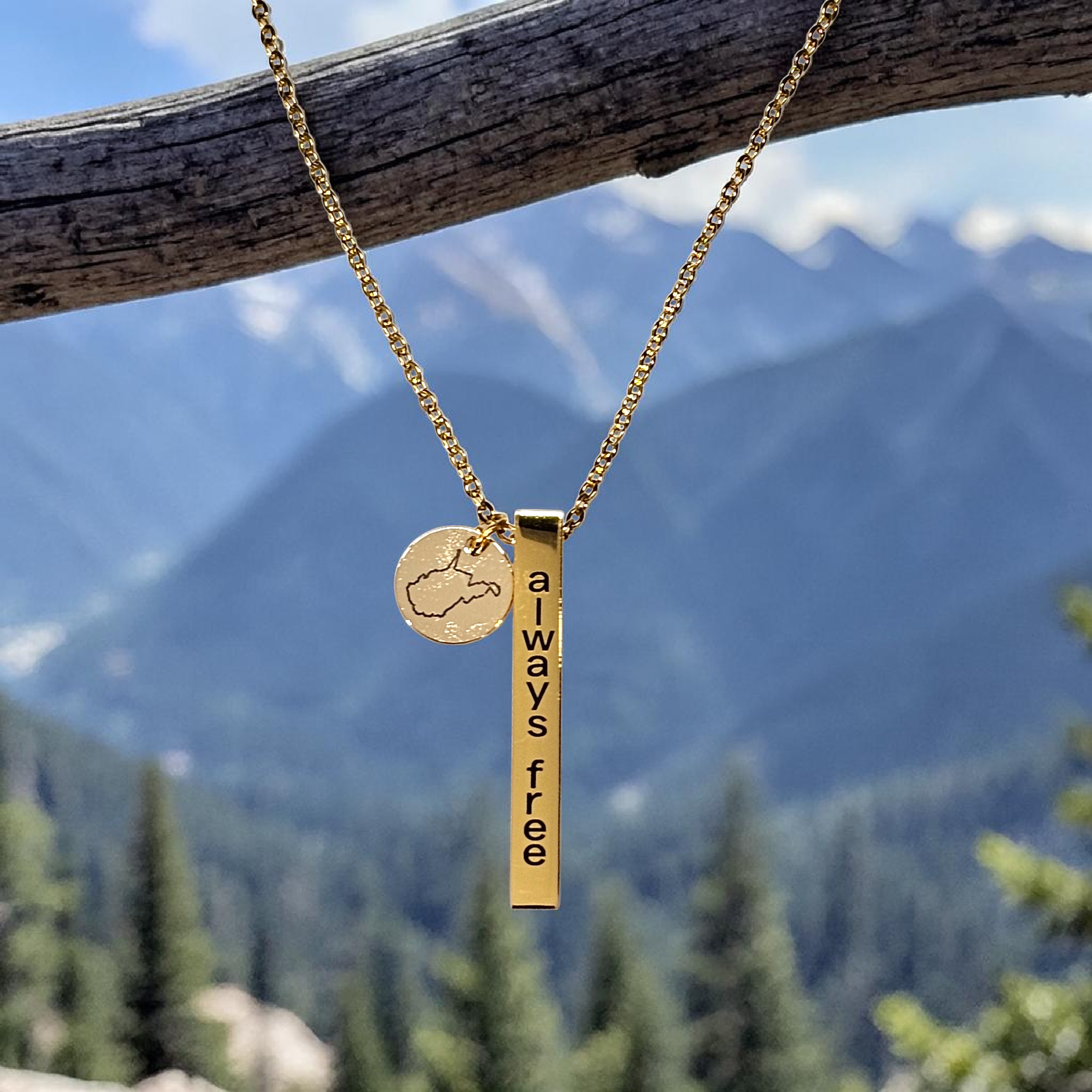 West Virginia “Always Free” Vertical Bar Necklace | Stainless Steel State Charm Necklace in Silver or 14k Gold