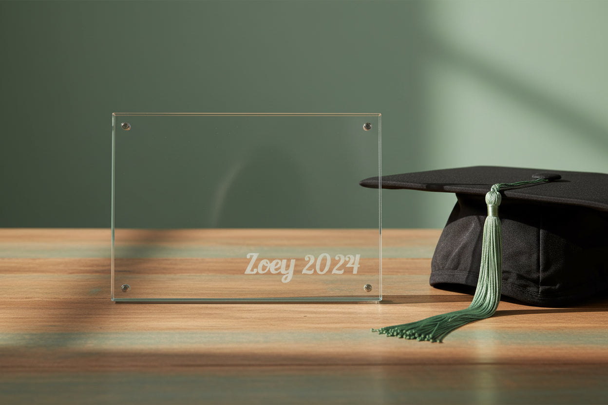 Clear plaque with 'Zoey 2024' text on a green background