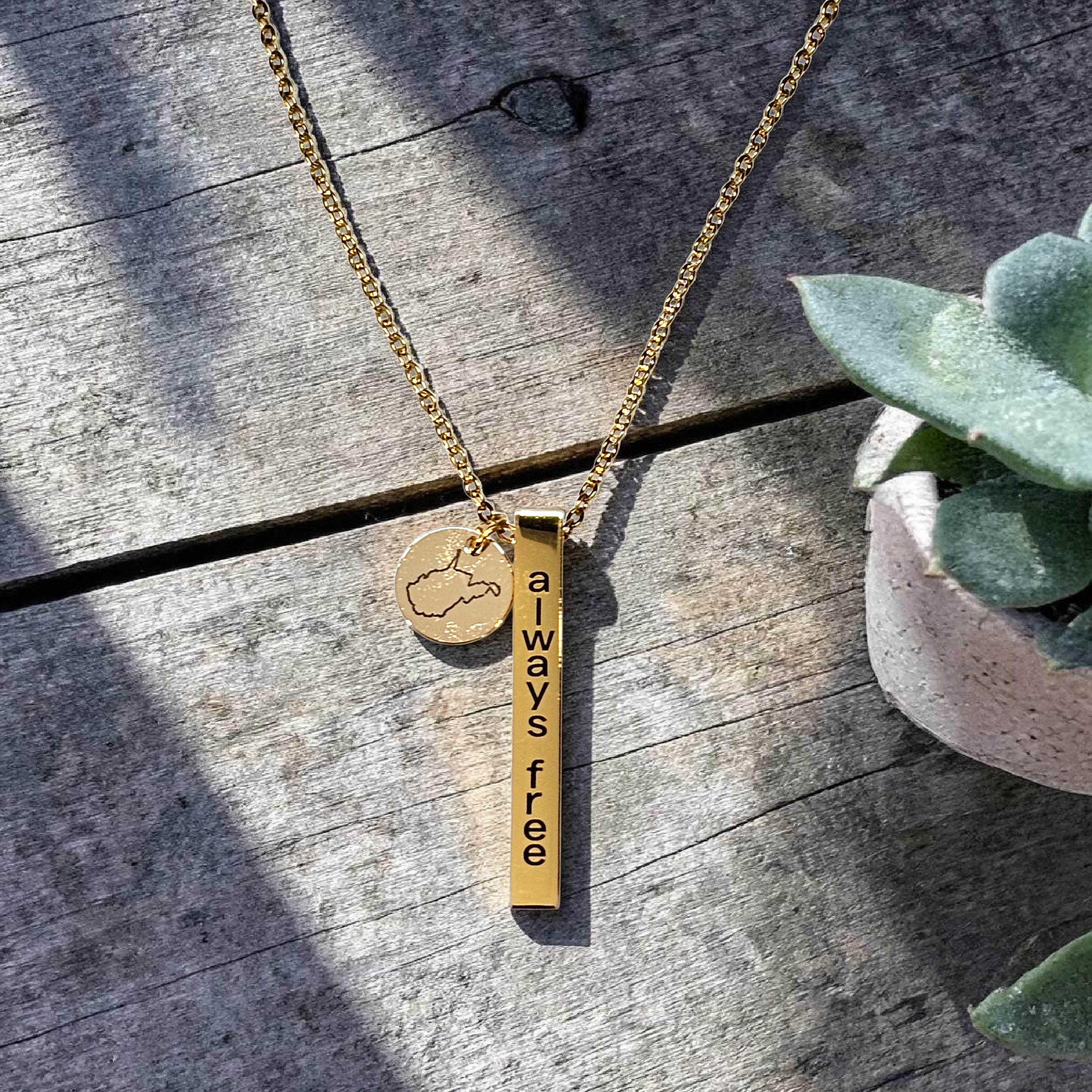 West Virginia “Always Free” Vertical Bar Necklace | Stainless Steel State Charm Necklace in Silver or 14k Gold