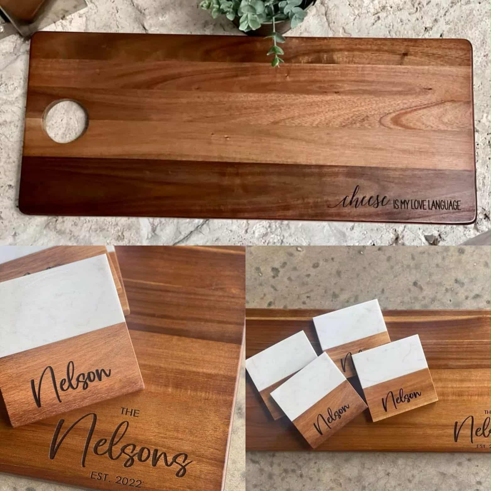 Acacia Cheese Board with Matching Marble & Acacia Coasters