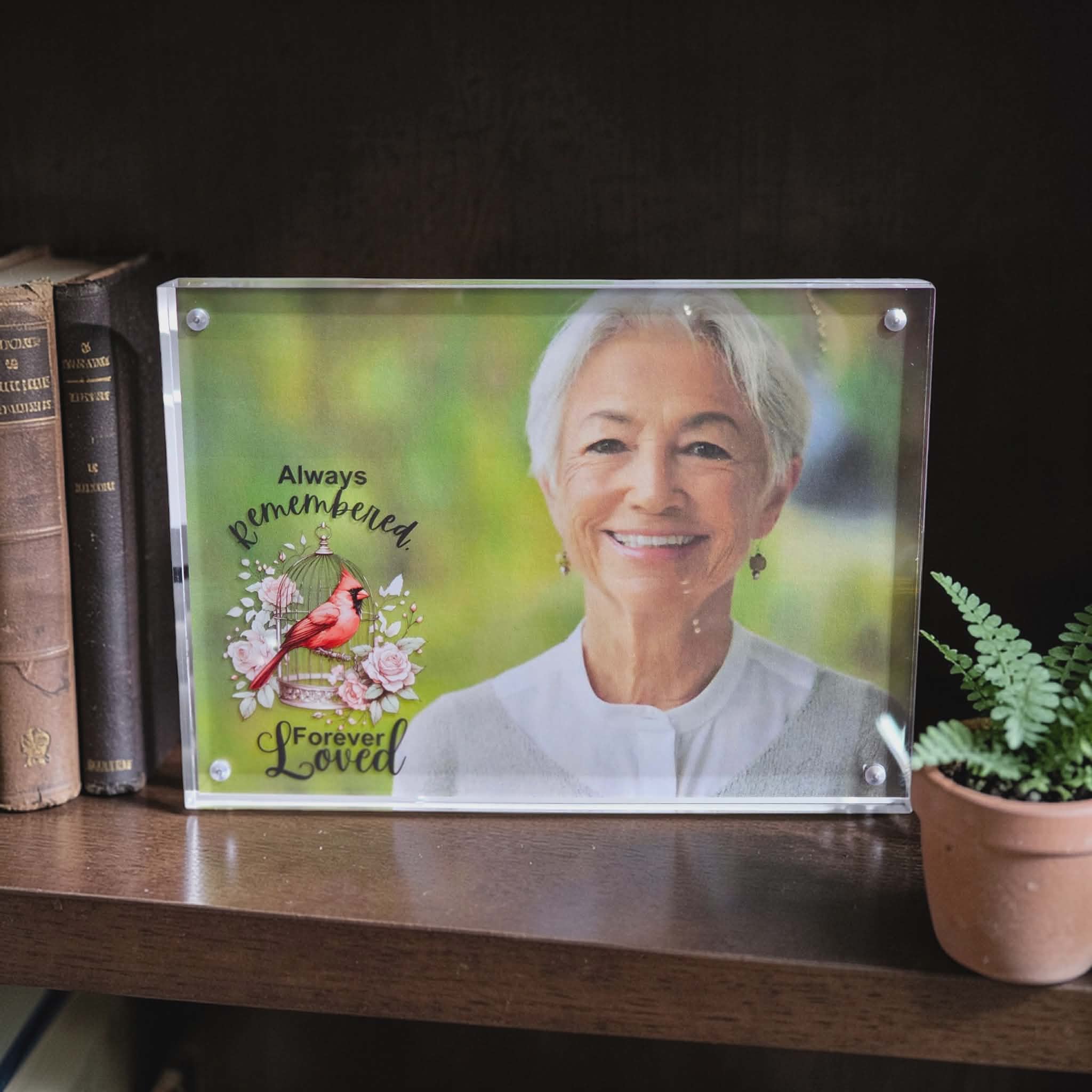 Acrylic 5x7 Photo Frame with Always Remembered Forever Loved Cardinal Design