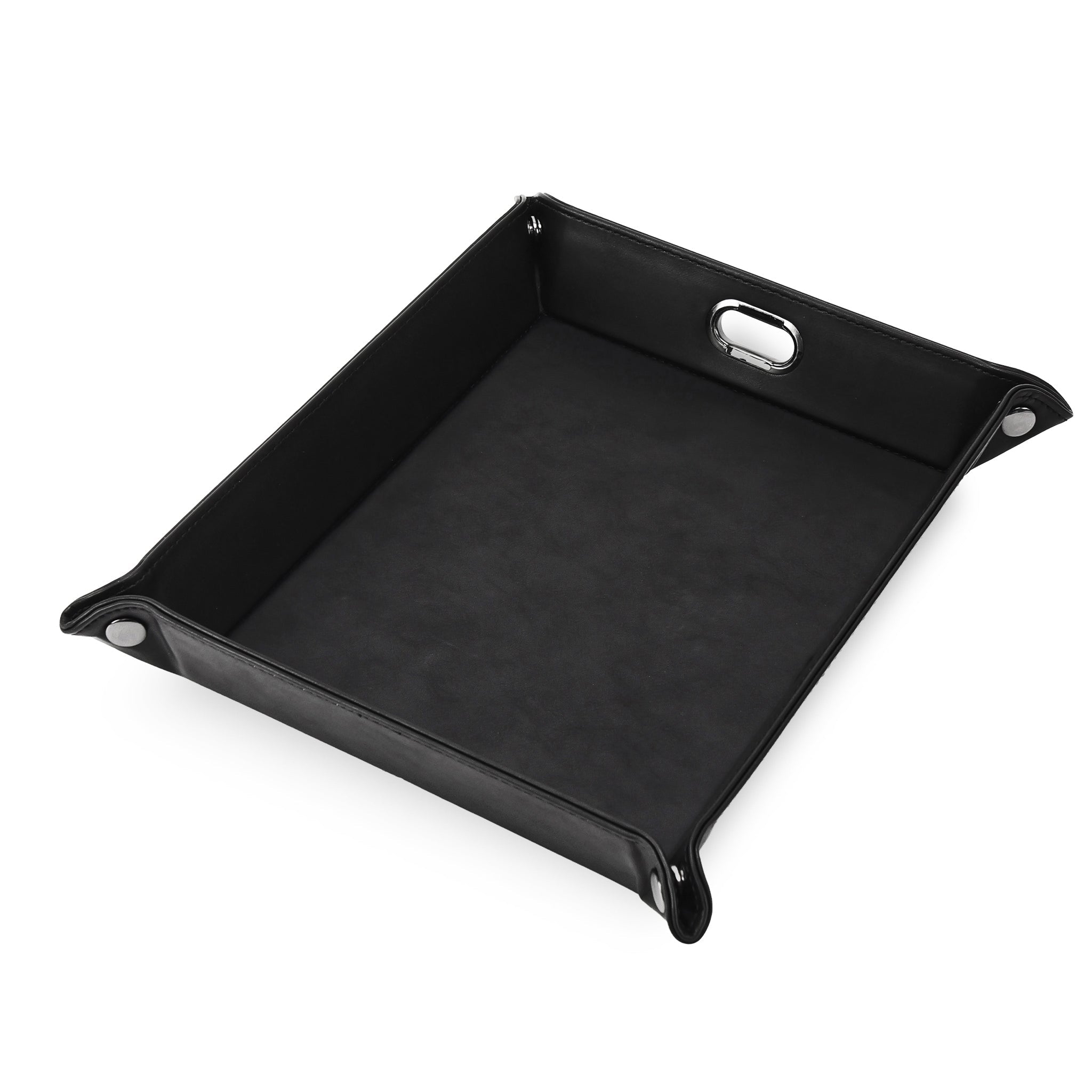 A black faux-leather rectangular tray with a raised rim, a cutout handle on one side, and silver metal corner hardware, shown on a plain white background.