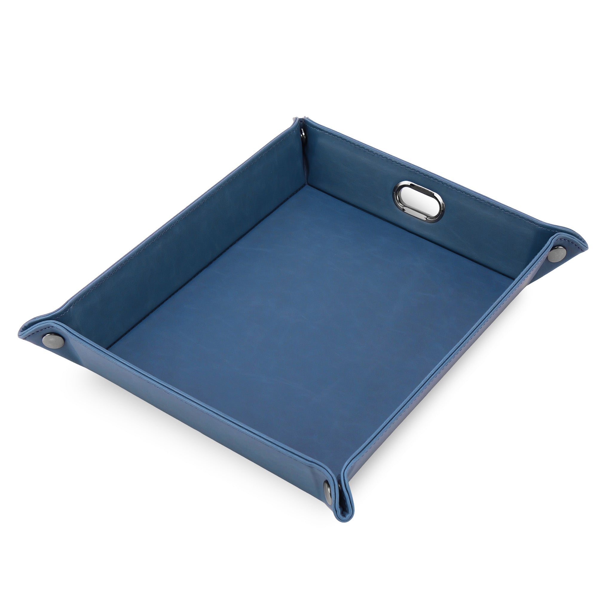 Blue leather tray with metal clips on a white background