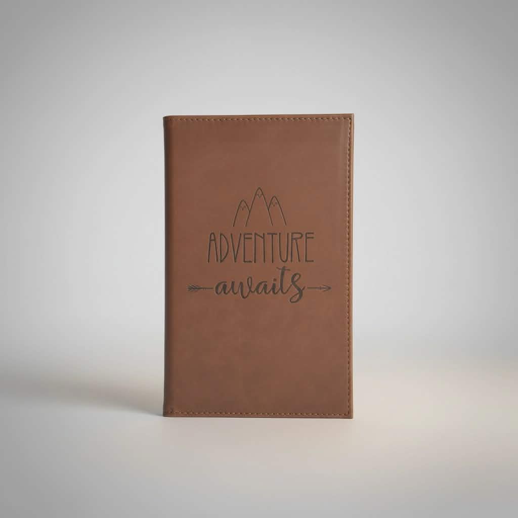 Brown leather notebook with 'Adventure awaits' engraving on a light gray background