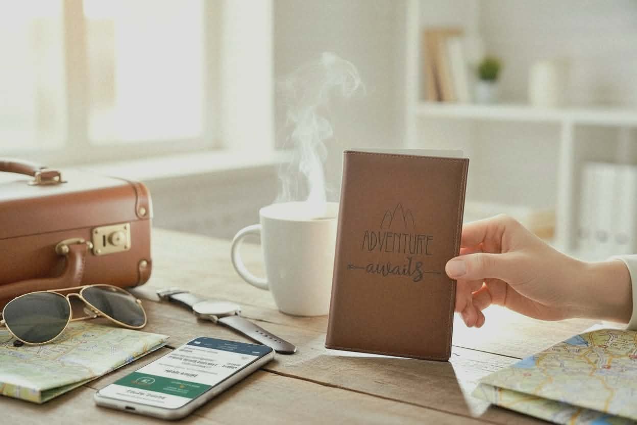 Person holding a travel journal with a suitcase, mug, and phone on a table.