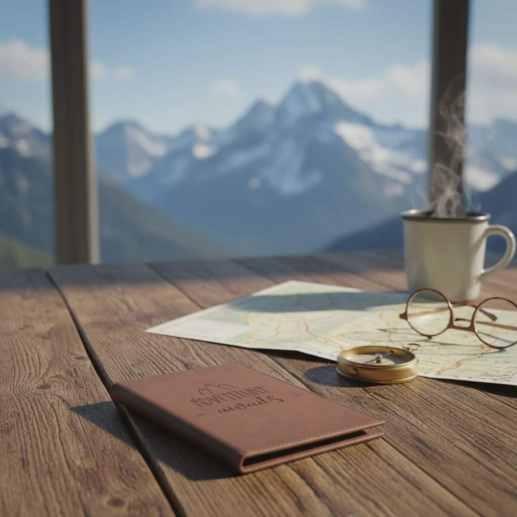 Brown leather wallet, map, compass, and steaming mug on a wooden table with mountain view