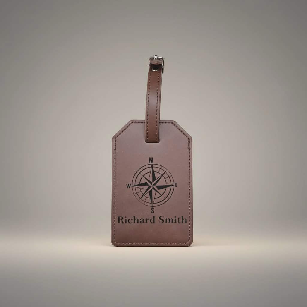 Brown leather luggage tag with compass design and 'Richard Smith' text on a gray background