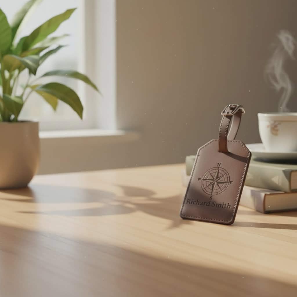 Leather luggage tag with compass design on a wooden surface with a plant and cup in the background