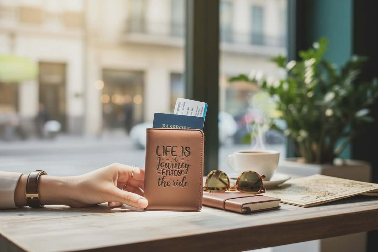 Person holding a leather wallet with 'Life is Journey, Enjoy the Ride' quote on a table with a cup of coffee and sunglasses.