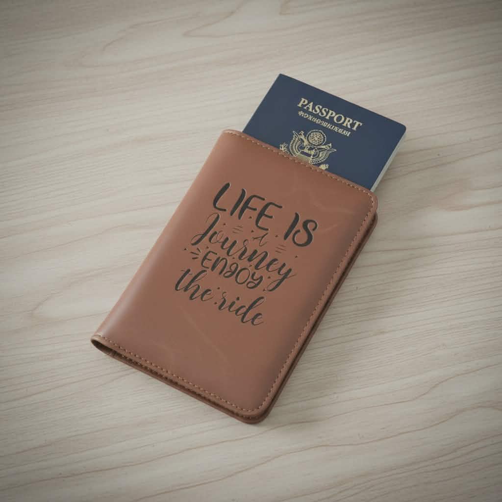 Brown leather passport holder with 'Life is a Journey, Enjoy the Ride' text on a wooden surface.