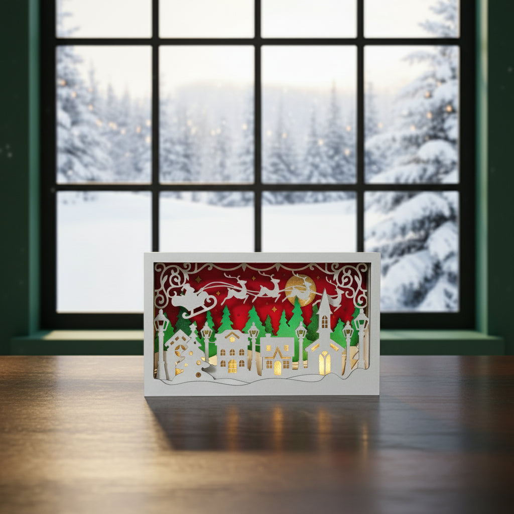 3D Christmas village on a dark wooden desk with green walls and a snowy window scene behind.