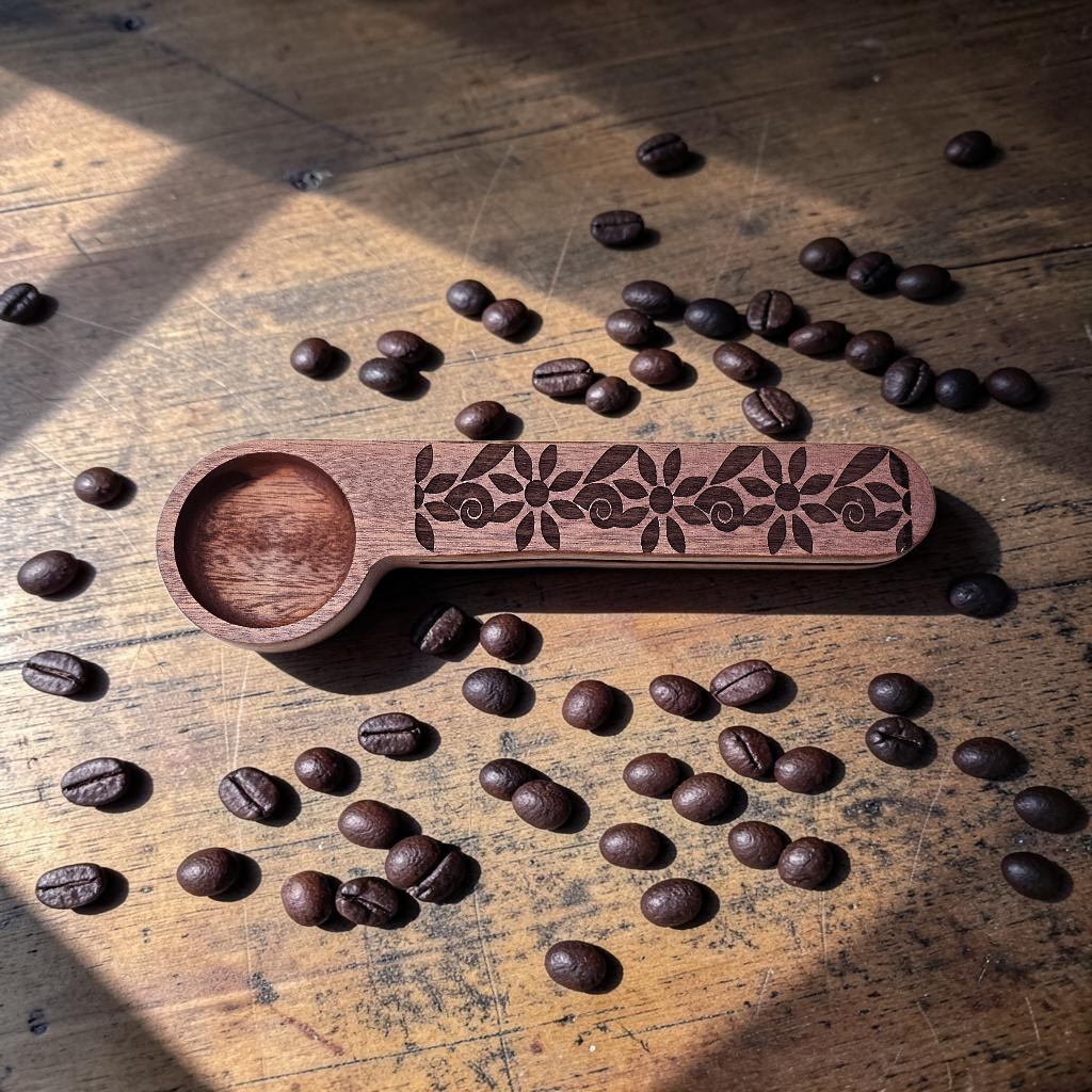 A wooden coffee scoop with floral engravings on the handle, placed on a rustic wooden table scattered with coffee beans under warm natural sunlight.