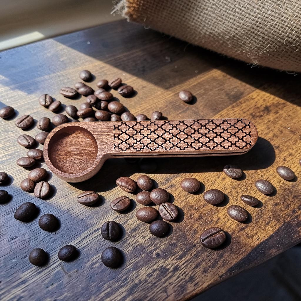 A wooden coffee scoop with a laser-engraved geometric handle pattern, resting on a dark wooden table scattered with roasted coffee beans.