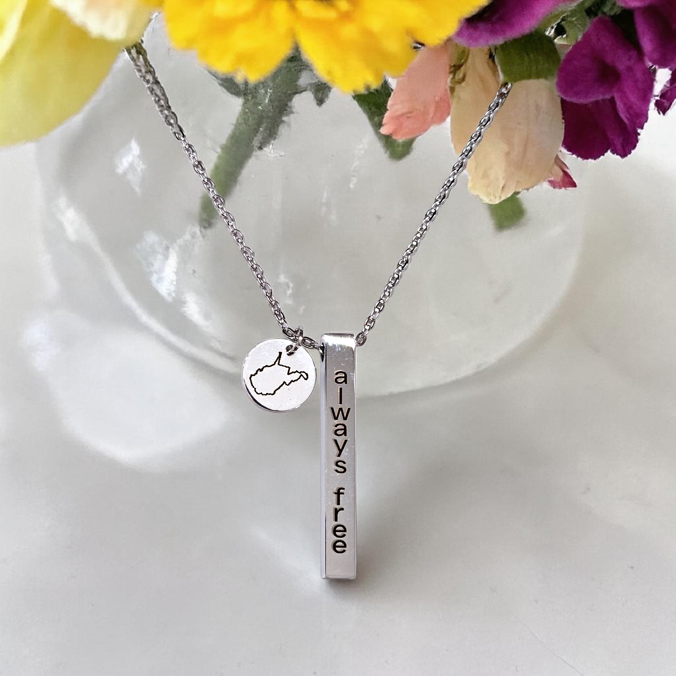 West Virginia “Always Free” Vertical Bar Necklace | Stainless Steel State Charm Necklace in Silver or 14k Gold