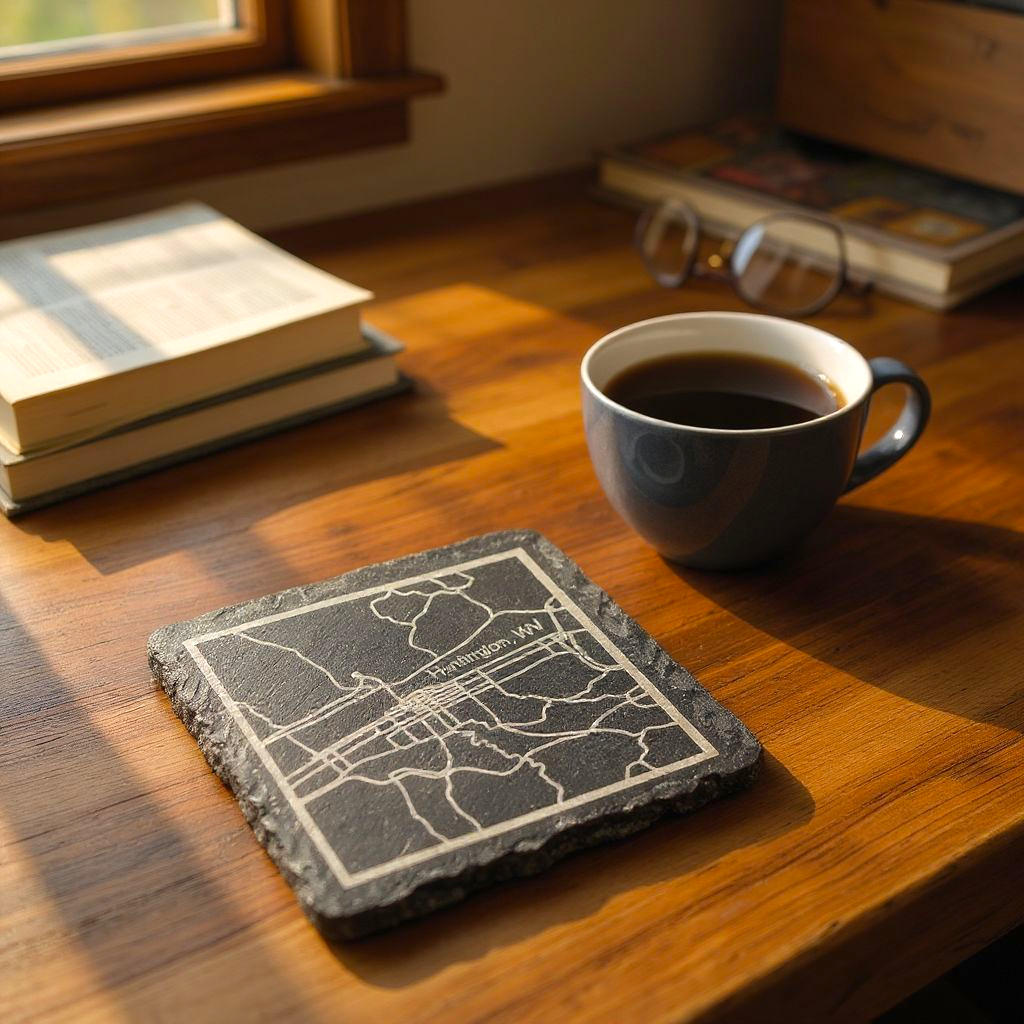 Slate coaster with map design on a wooden table with a cup of coffee and books.