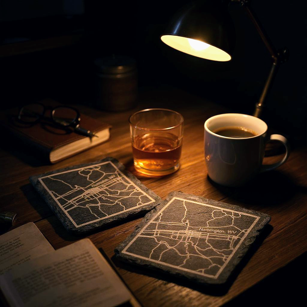 Two stone coasters with map design on a wooden table with a cup of coffee and glass.
