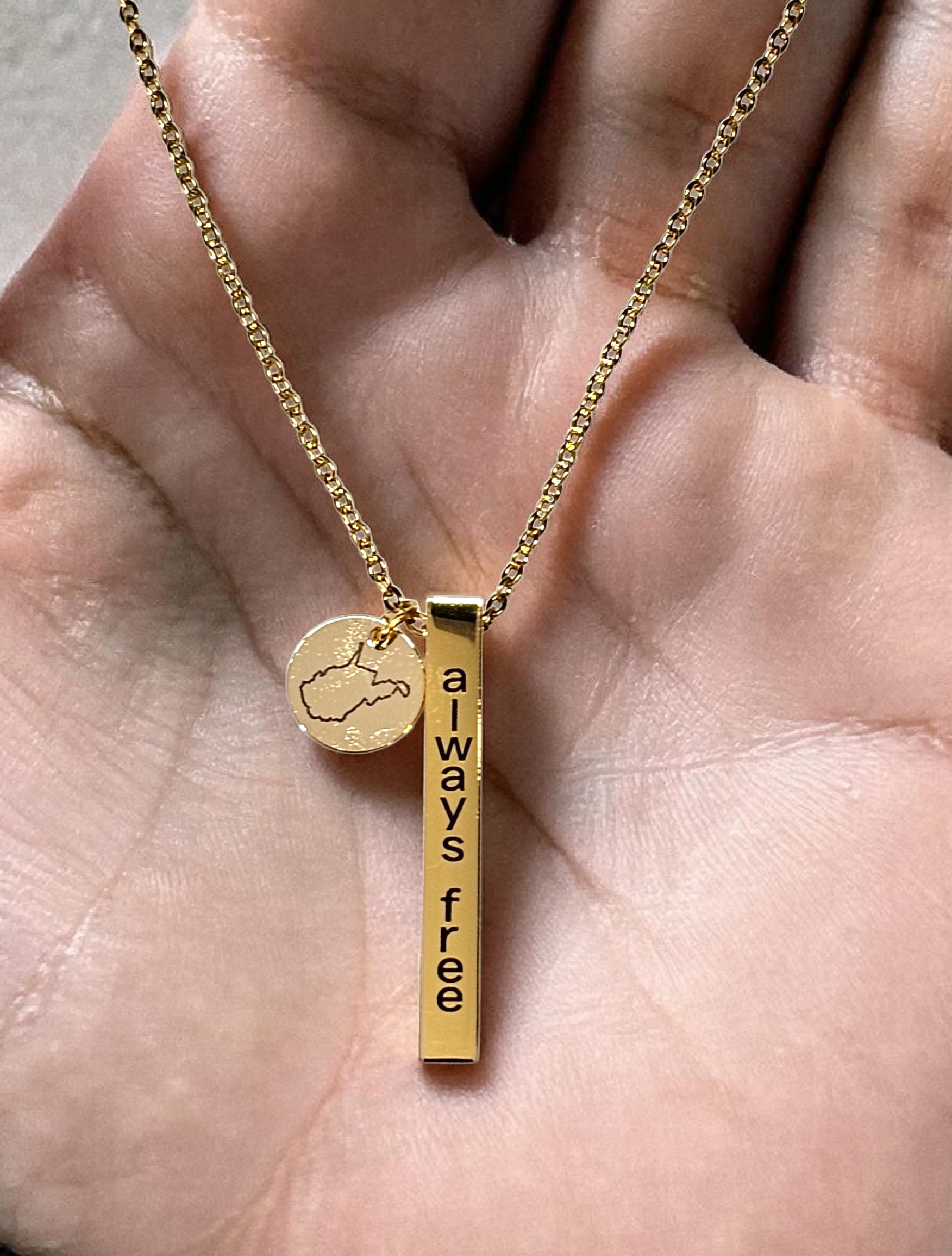 West Virginia “Always Free” Vertical Bar Necklace | Stainless Steel State Charm Necklace in Silver or 14k Gold