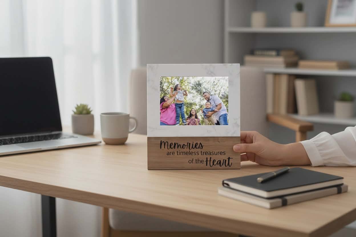 Person holding a photo frame with a family picture on a desk with a laptop and mug.