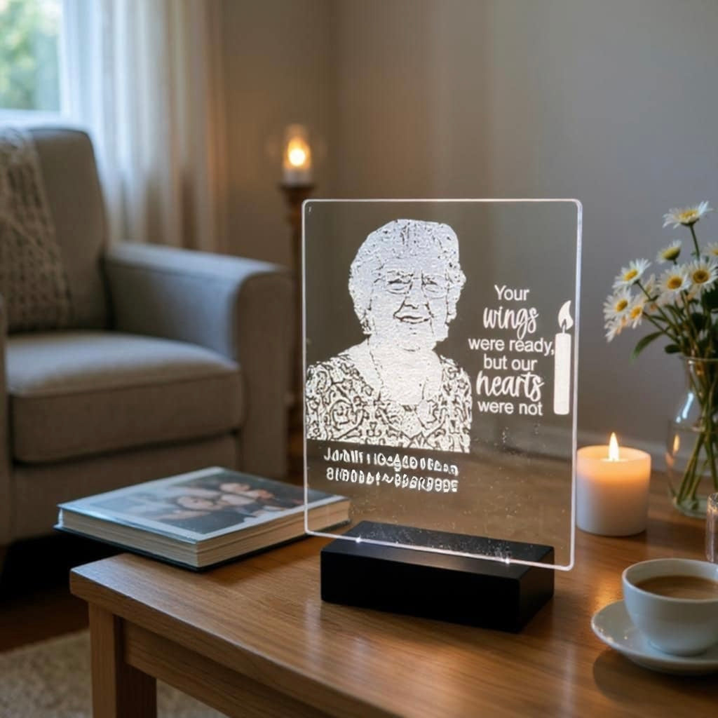 Female’s laser engraved photo on a lighted acrylic base