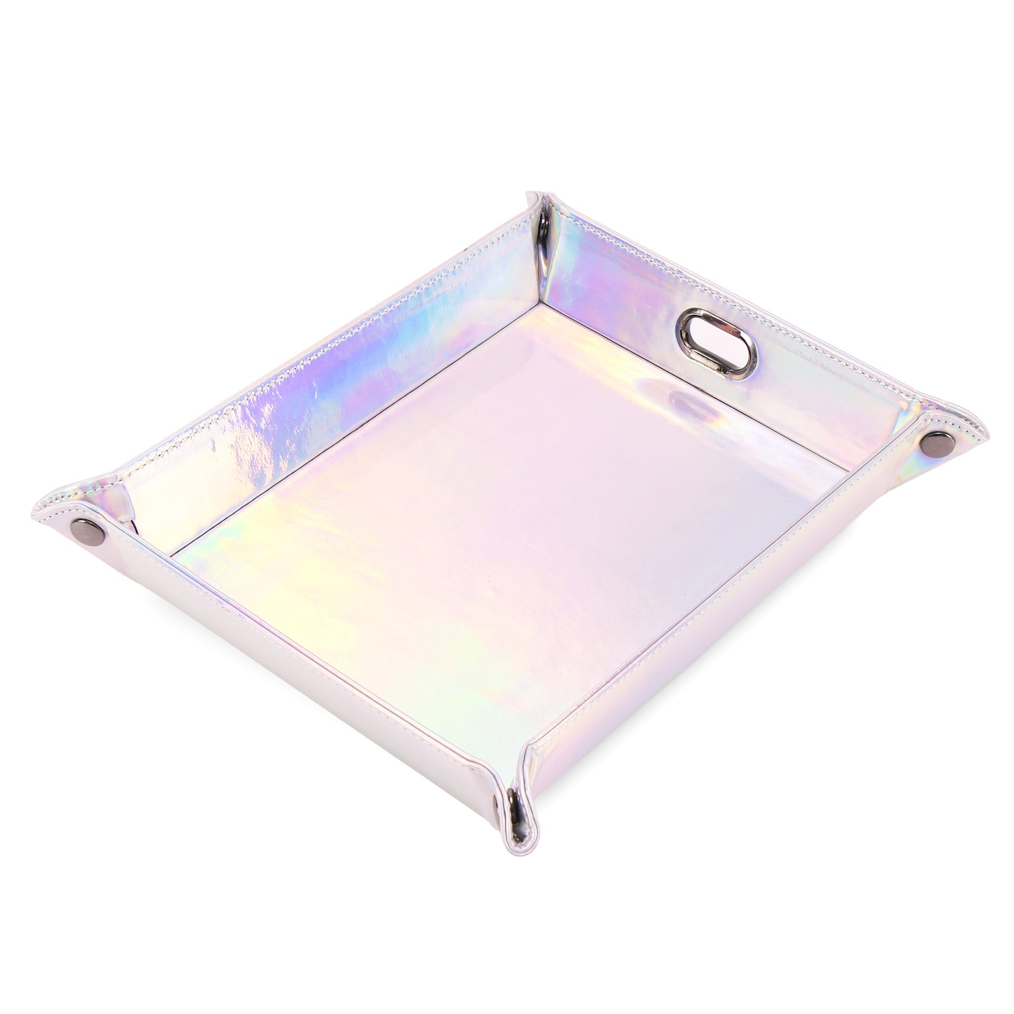 An iridescent holographic square trinket tray with stitched edges and metal grommets, shown on a plain white background.