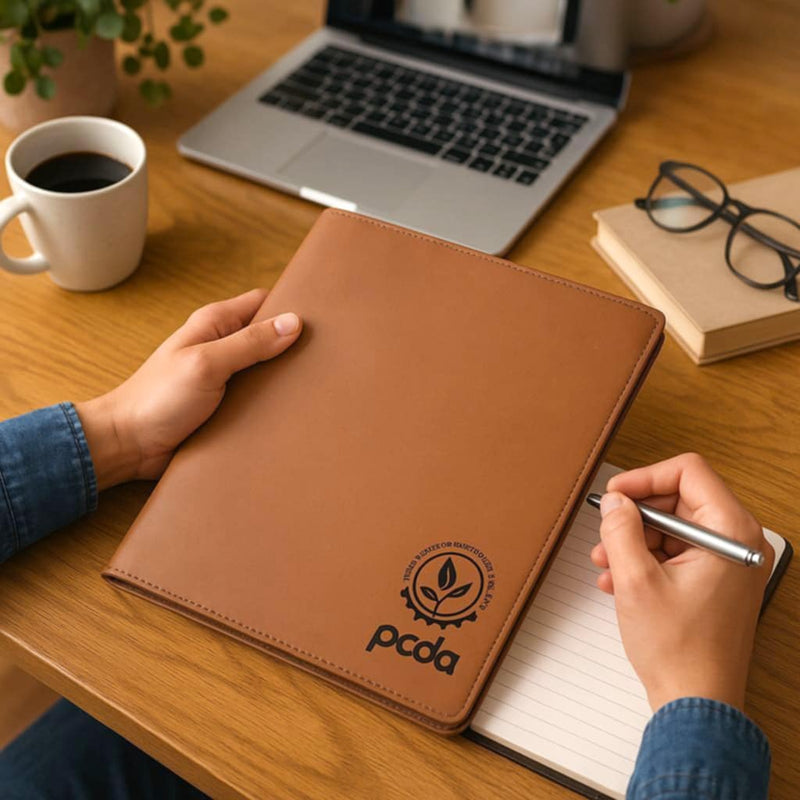 Laser engraved leatherette portfolio in Rawhide