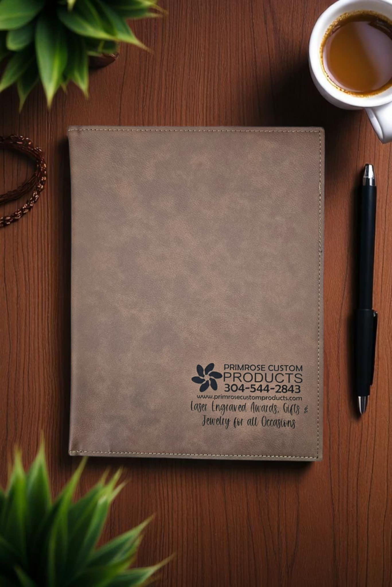 Laser engraved leatherette portfolio in dark brown