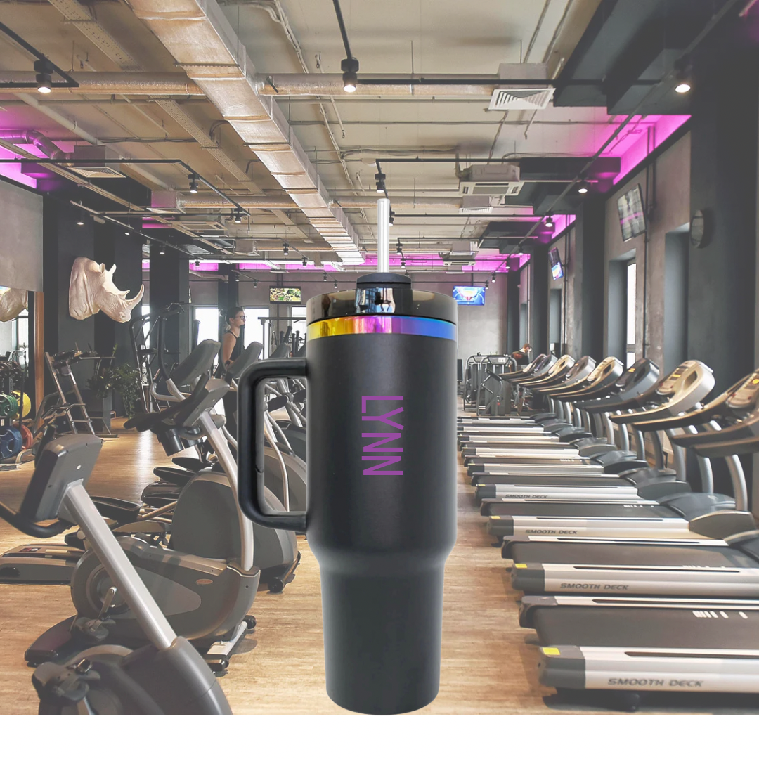 Black Rainbow tumbler in a gym setting