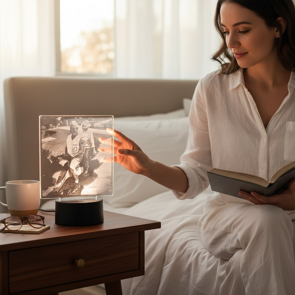 Laser engraved photo of a son & mother on a motorcycle