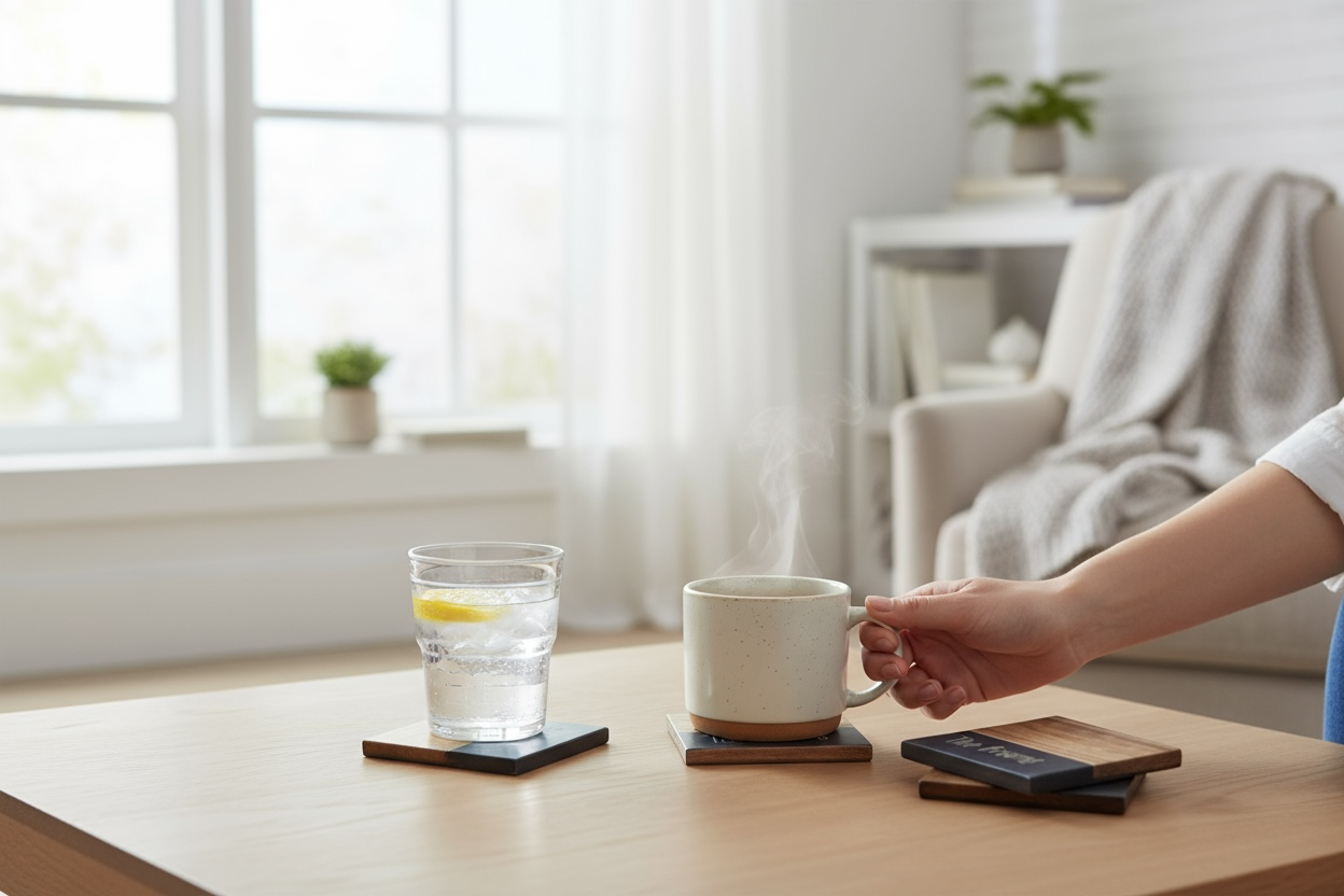 Photo of four acacia and slate coasters in a living room with a glass of water on one and a cup of coffee on another.