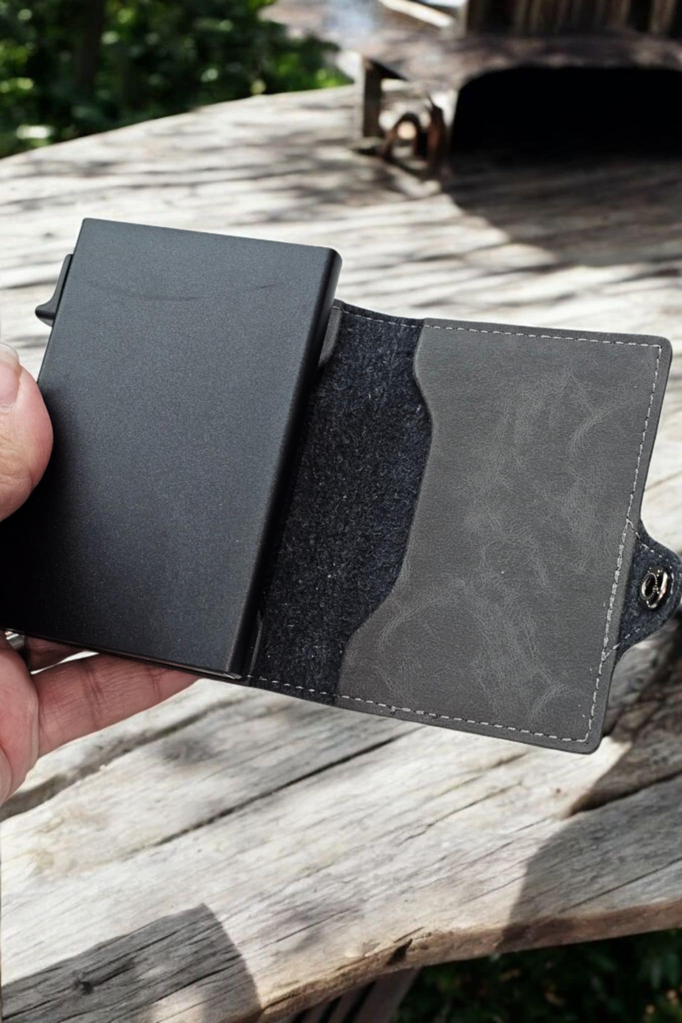 Inside of gray RFID wallet.