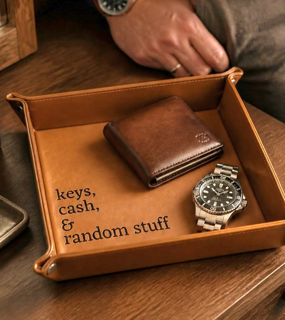Personalized Vegan Leather Valet Tray | Custom Engraved Catchall Organizer