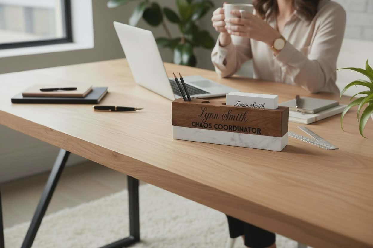 Person sitting at a desk with a laptop, holding a mug, and a wood and marble nameplate on the desk.
