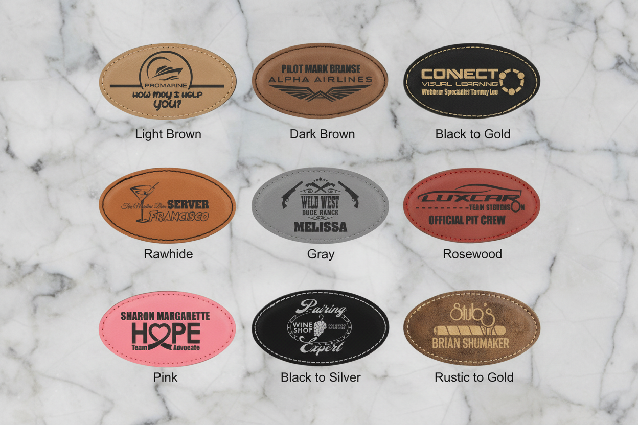Collection of oval leather patches in various colors with different text designs.