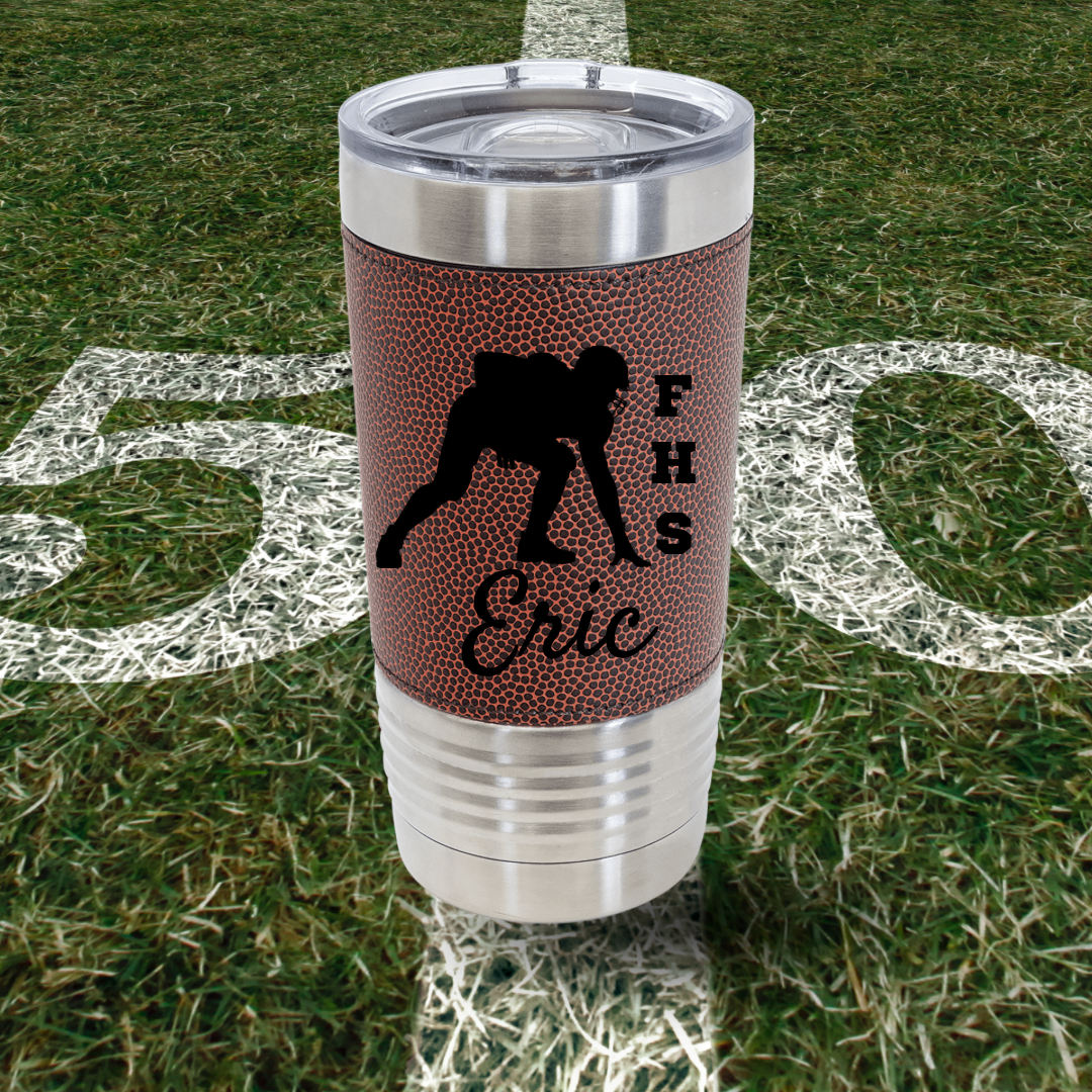 Personalized 20 oz football leather tumbler with name and player number.
