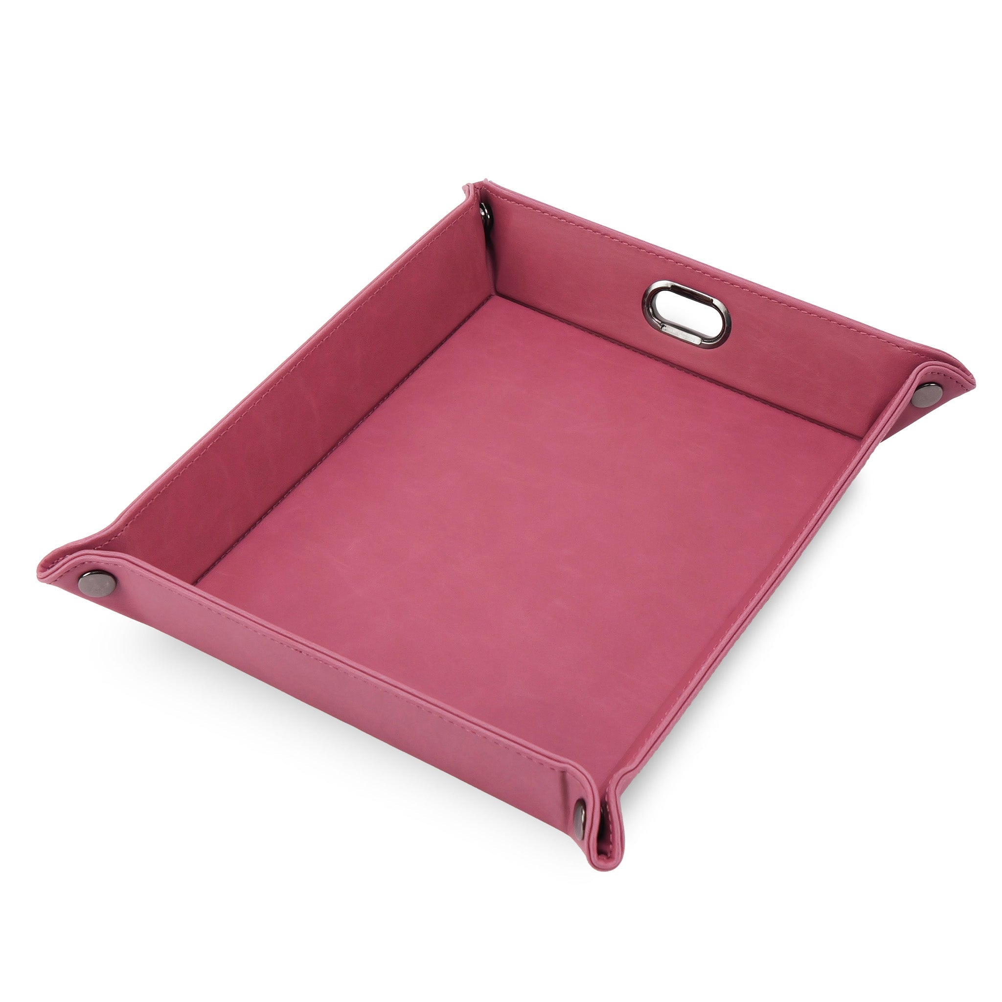 Pink leather tray with a handle on a white background