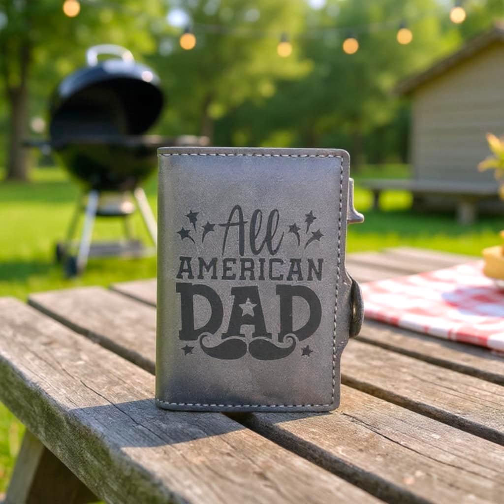 Gray RFID wallet laser engraved with the words All American Dad