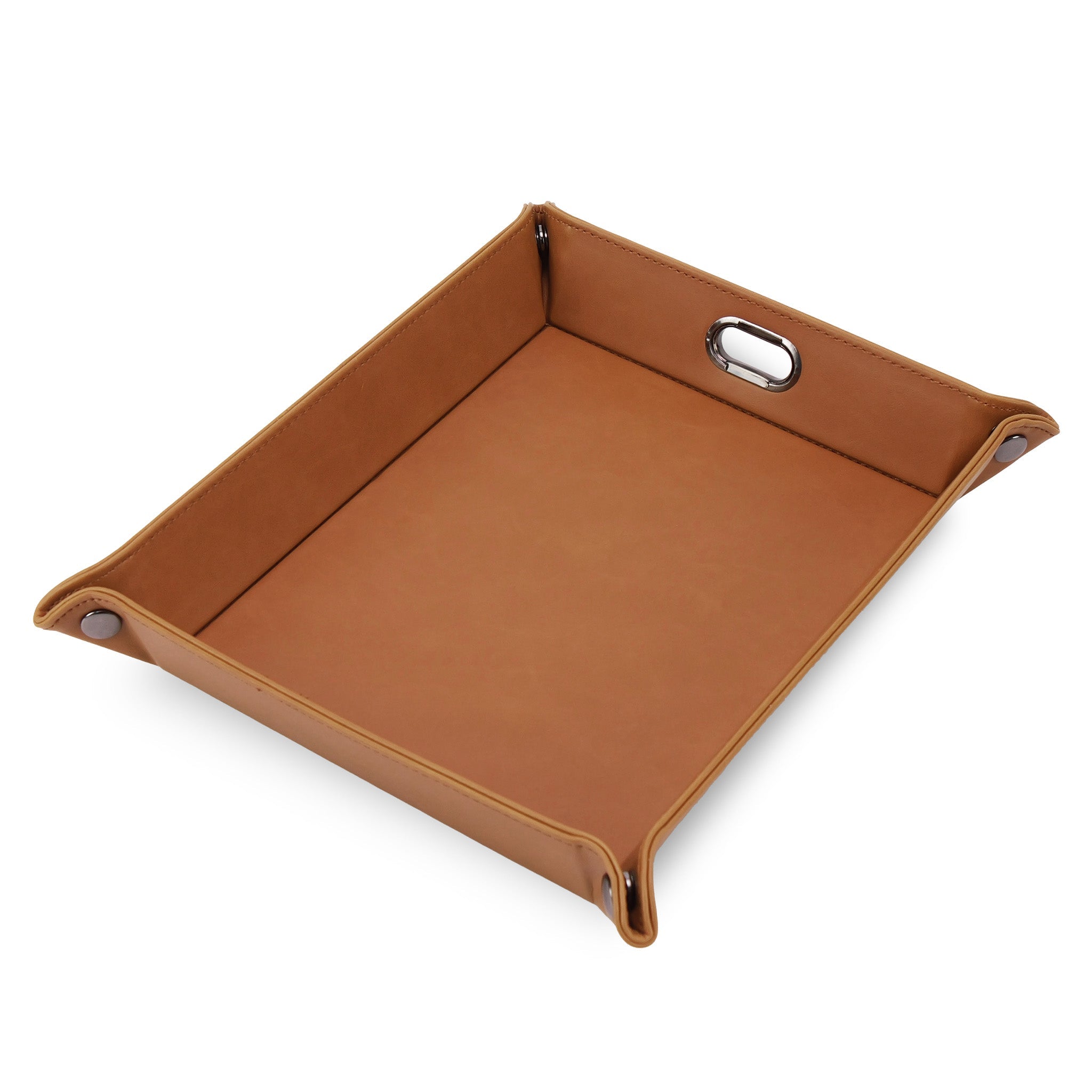 Rawhide leather tray with a handle on a white background