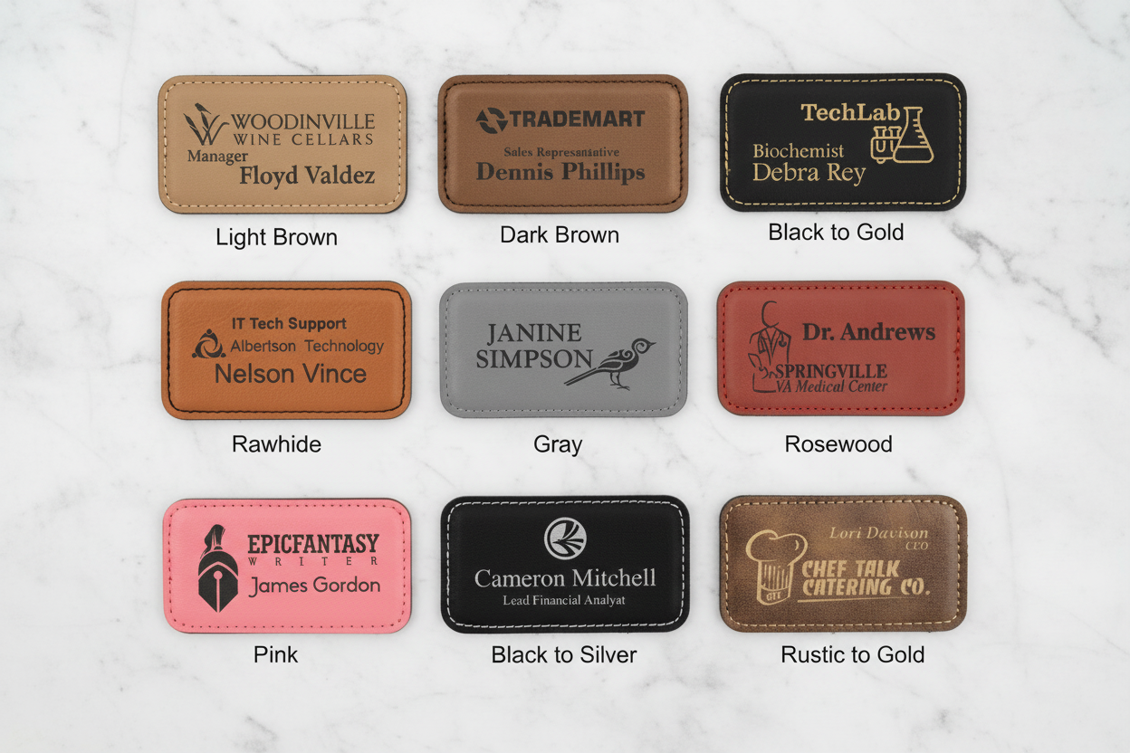 Collection of personalized name tags in various colors and designs.