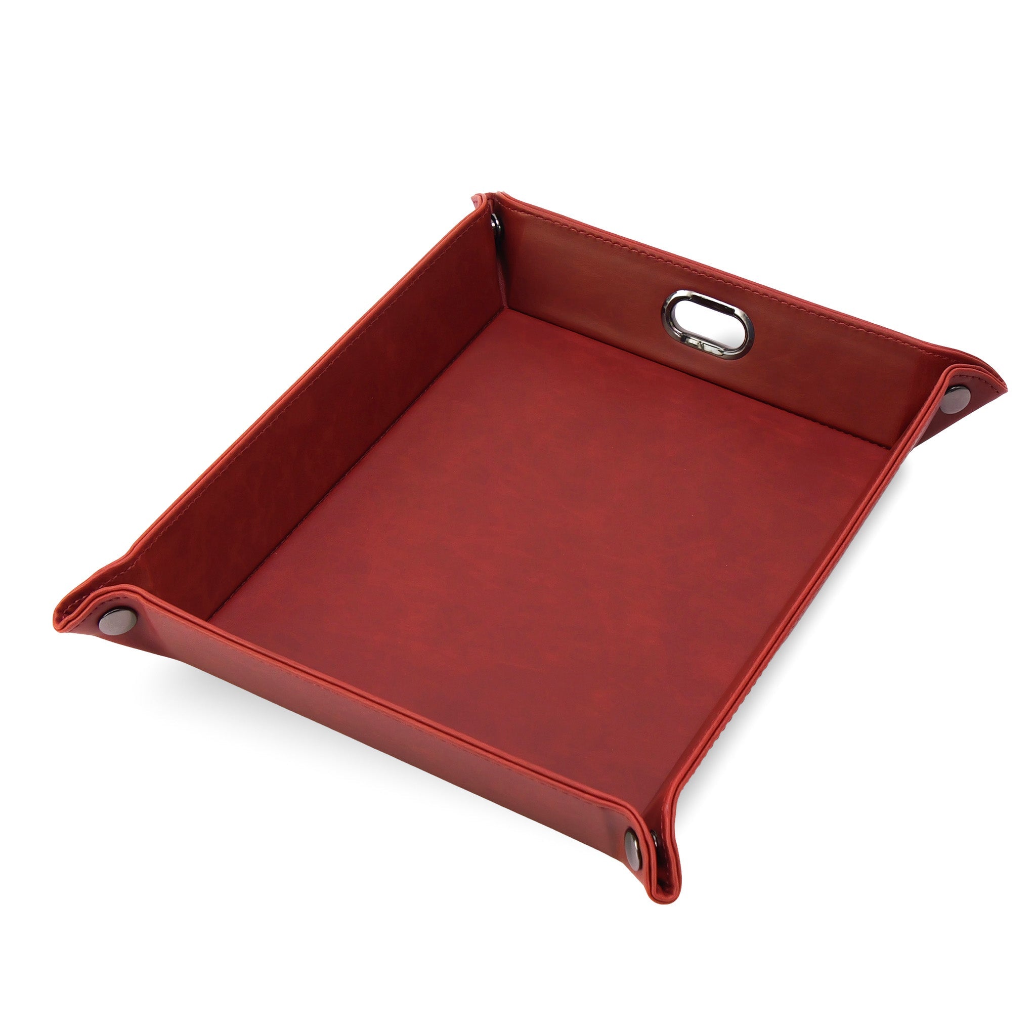 Red leather tray with a handle on a white background