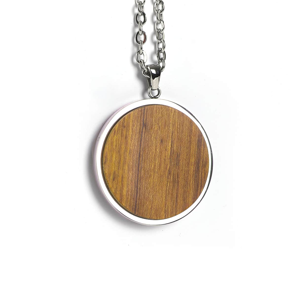 Wooden pendant necklace with Ironwood and a silver chain on a white background
