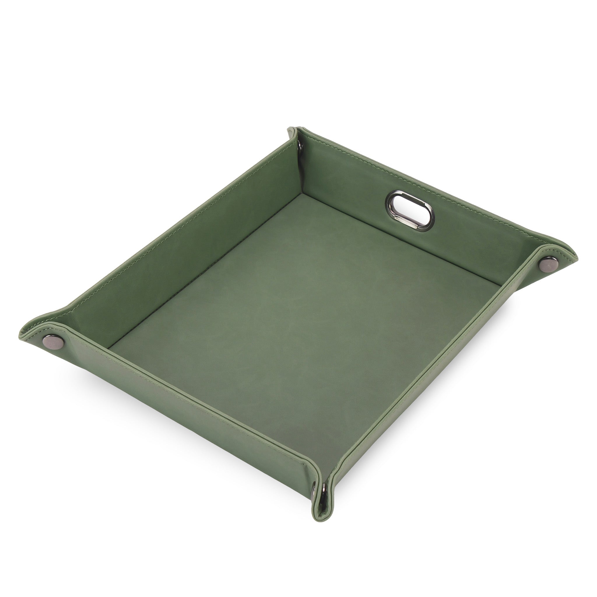 Green leather tray with handles on a white background