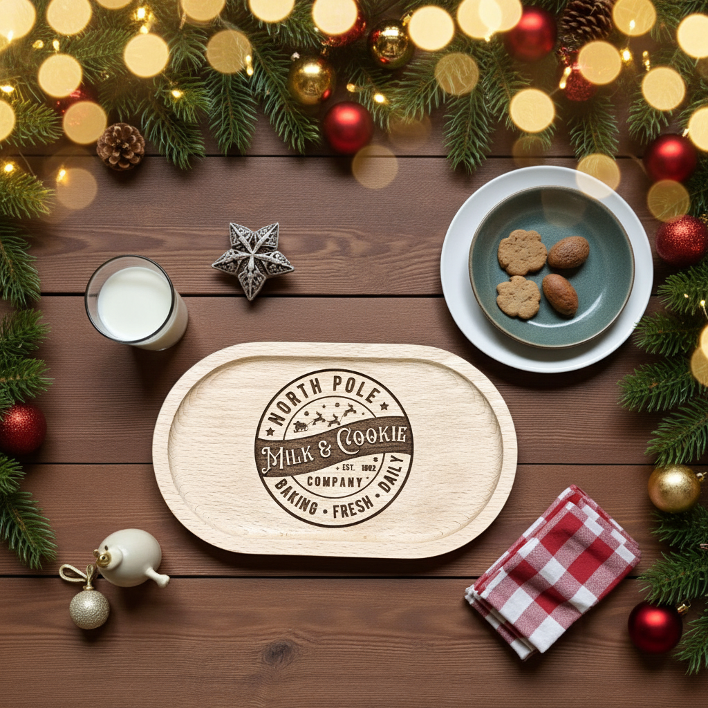 Tray with Christmas decorations and a milk and cookie design