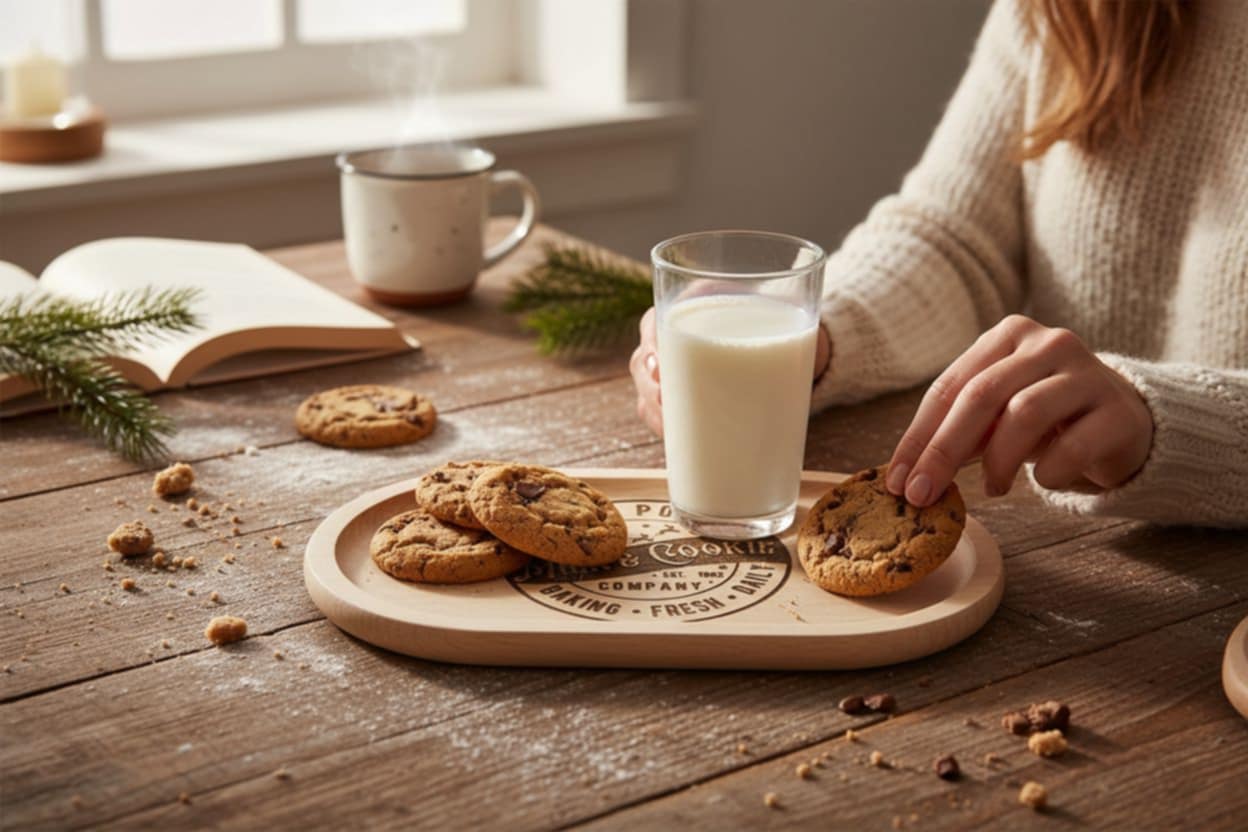 Person eating cookies with a glass of milk on a laser engraved wooden tray
