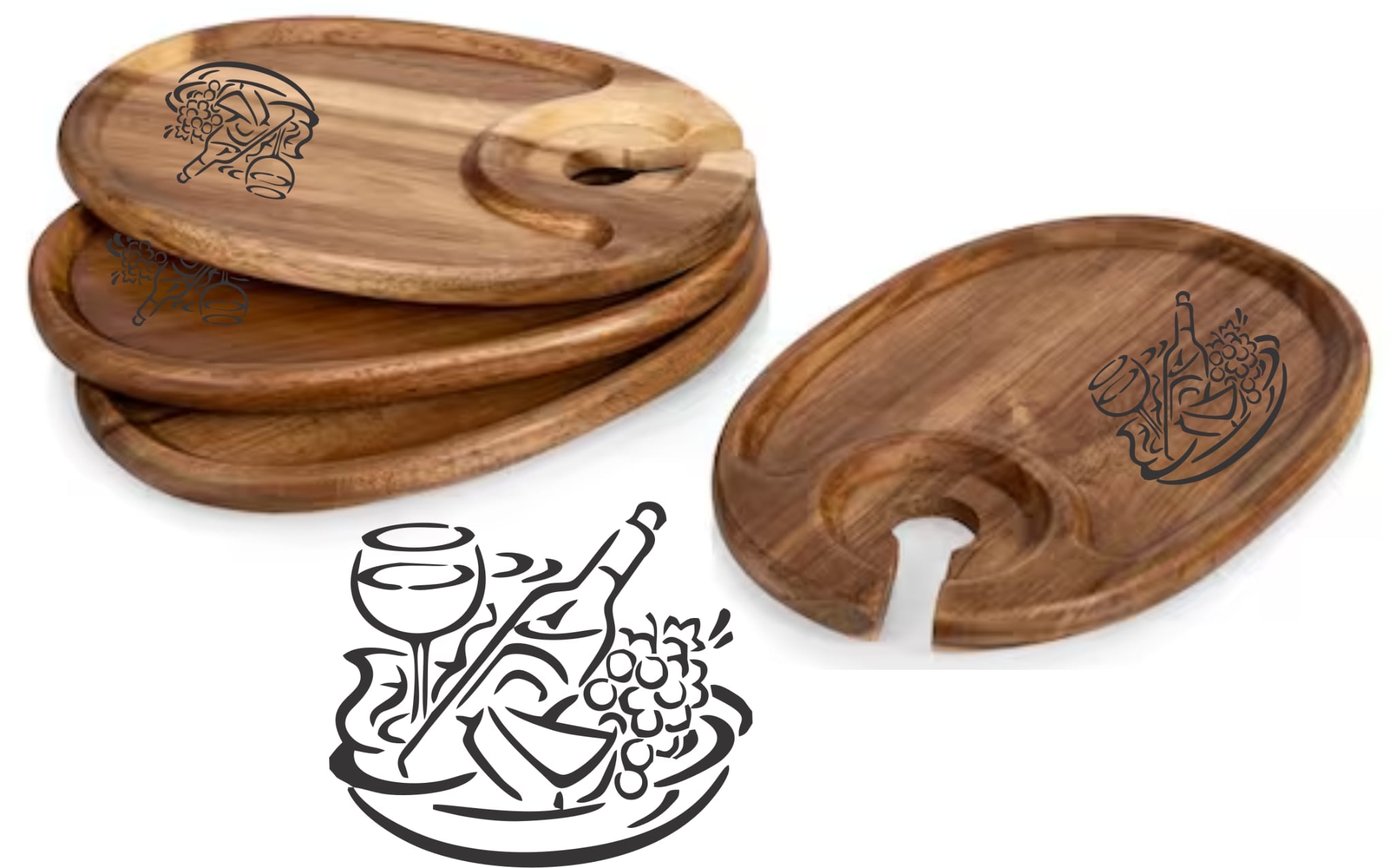 Four wine appetizer plates engraved with a wine & cheese design