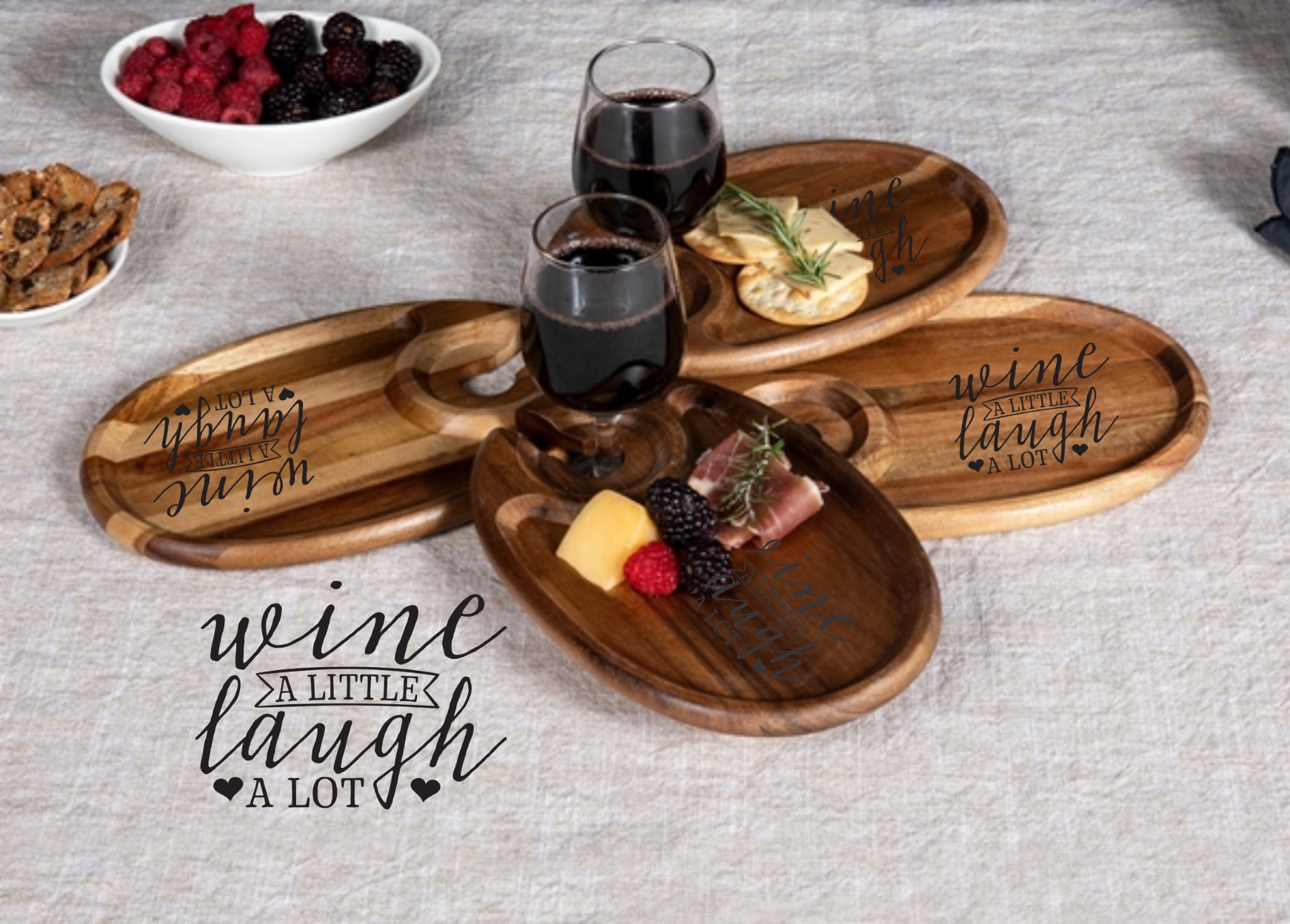 Wine appetizer plates engraved with “Wine a little, laugh a lot” design