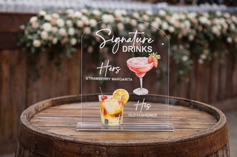 Acrylic sign for signature drinks with cocktail illustrations on a wooden barrel.