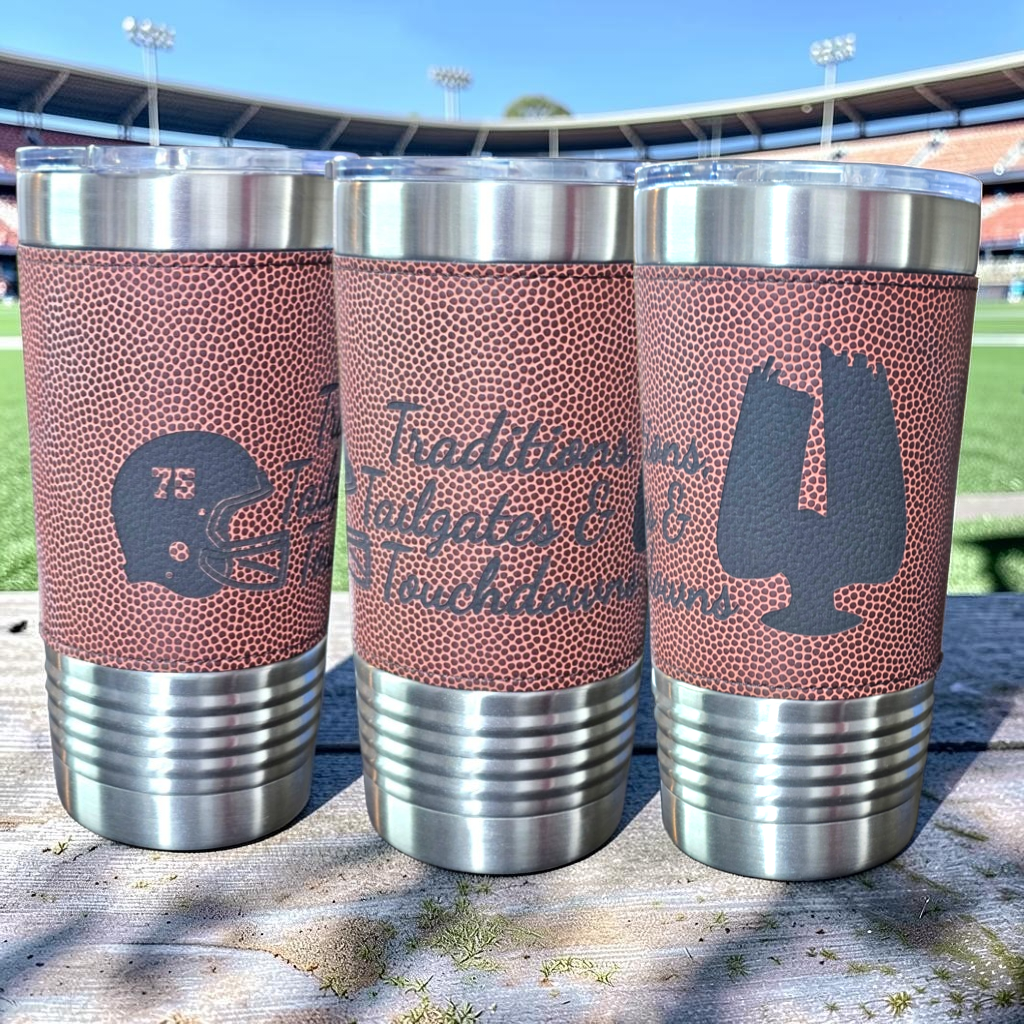 Personalized football leather tumblers with custom player team and coach designs