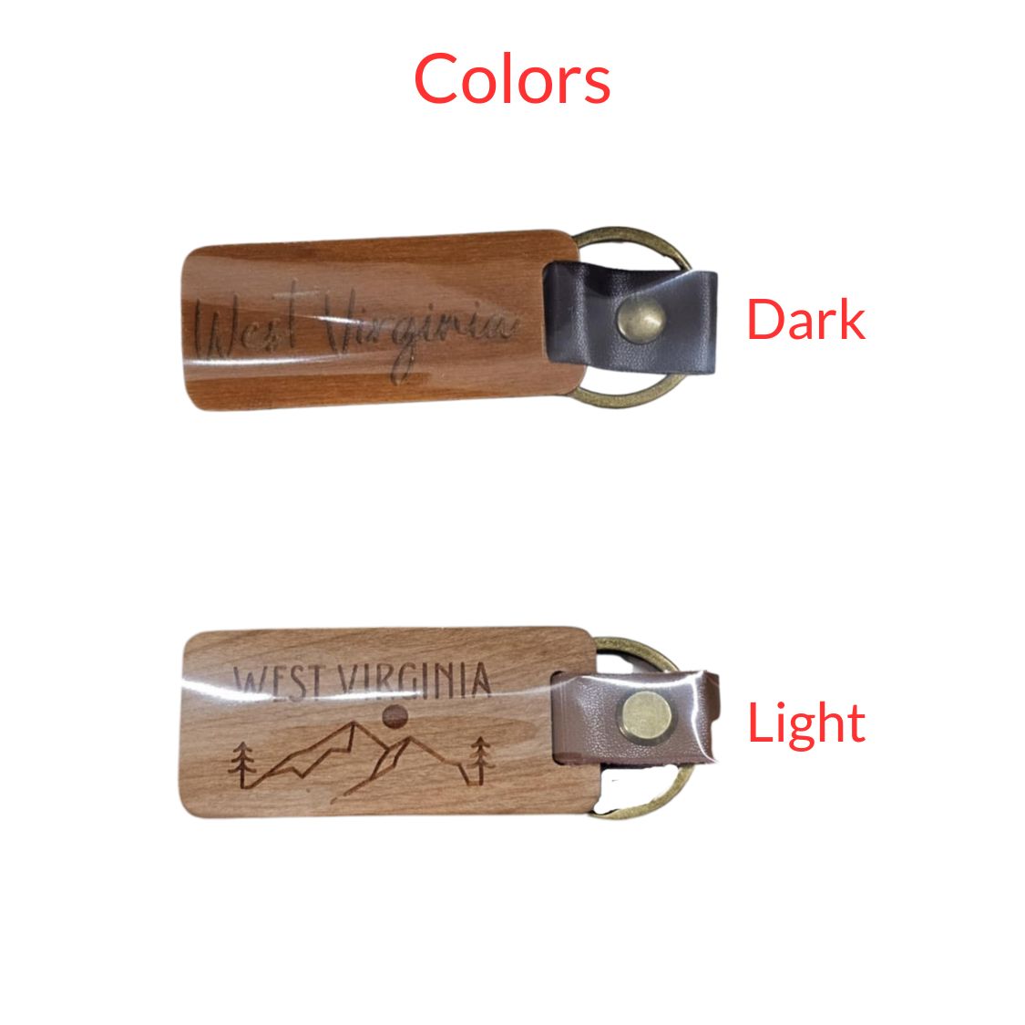 Picture showing the 2 different color options for the laser engraved wood & leather keychains: darker acacia wood with black leather or lighter hardwood with brown leather. 