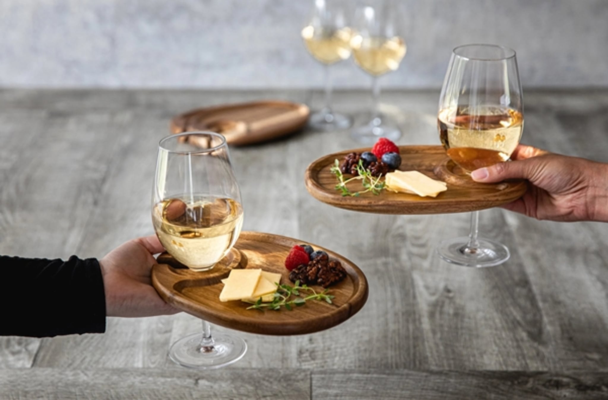Wine appetizer plates in hand 